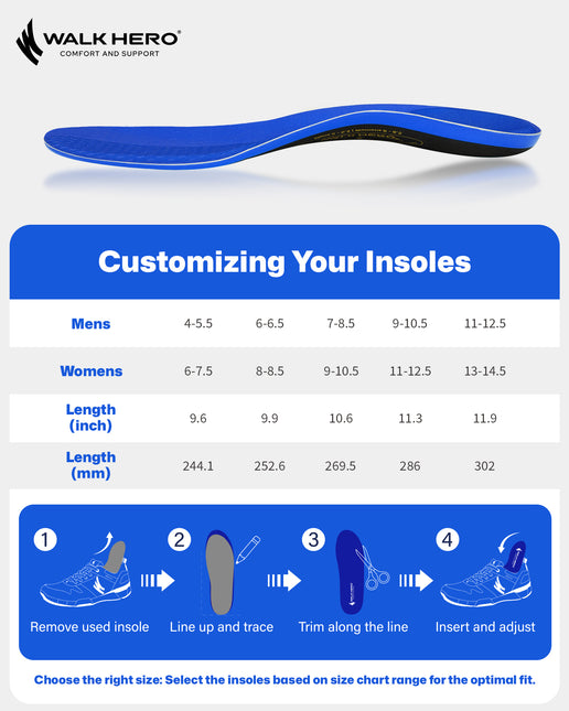 WalkHero 220+ lbs Medium Arch Support Inserts,Heavy Duty Plantar Fasciitis Insoles for Men Women,Orthotic Inserts for Pain Relief,Work Boot Insole with Heel Cushioning