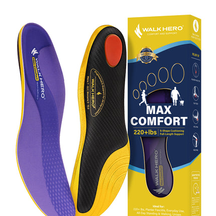 WalkHero 220+ lbs Medium Arch Support Inserts,Heavy Duty Plantar Fasciitis Insoles for Men Women,Orthotic Inserts for Pain Relief,Work Boot Insole with Heel Cushioning