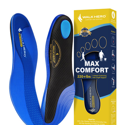 WalkHero 220+ lbs Medium Arch Support Inserts,Heavy Duty Plantar Fasciitis Insoles for Men Women,Orthotic Inserts for Pain Relief,Work Boot Insole with Heel Cushioning
